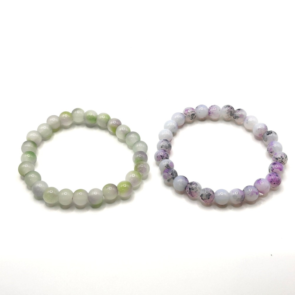 Natural Stone Bead Bracelet Set OS Purple Green Stretch Zen Yoga Boho Jewelry